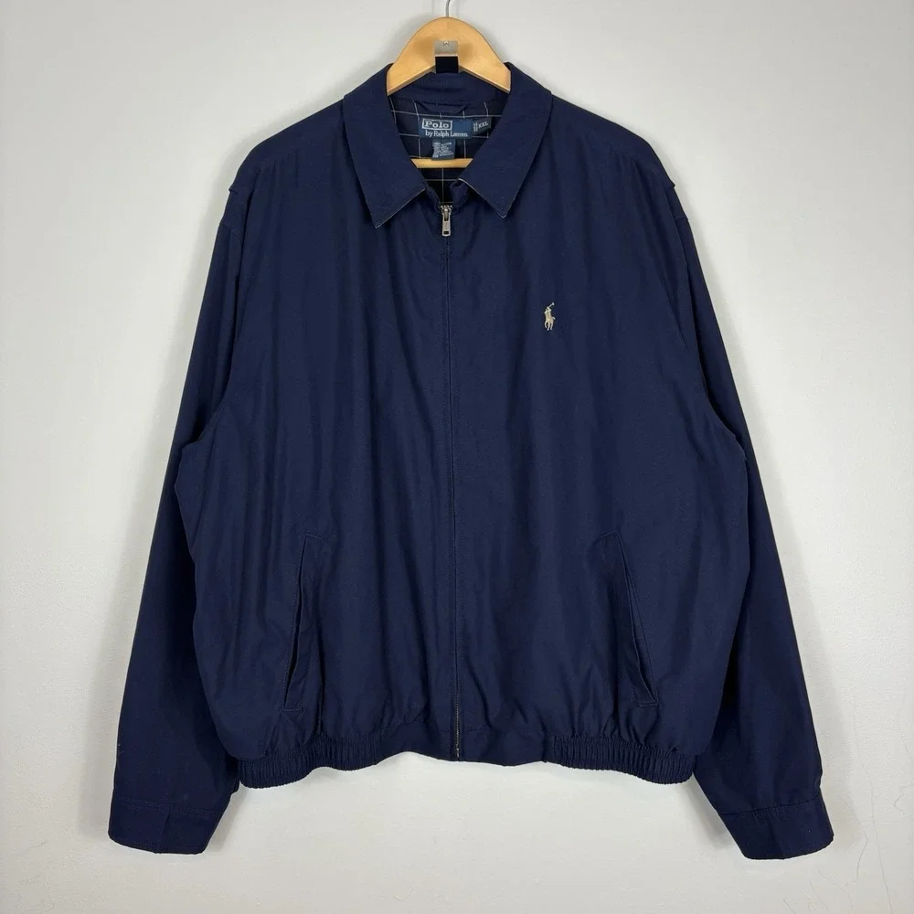 Vintage Polo Ralph Lauren Harrington Bomber Jacket Navy Blue XXL 2XL Plaid Lined